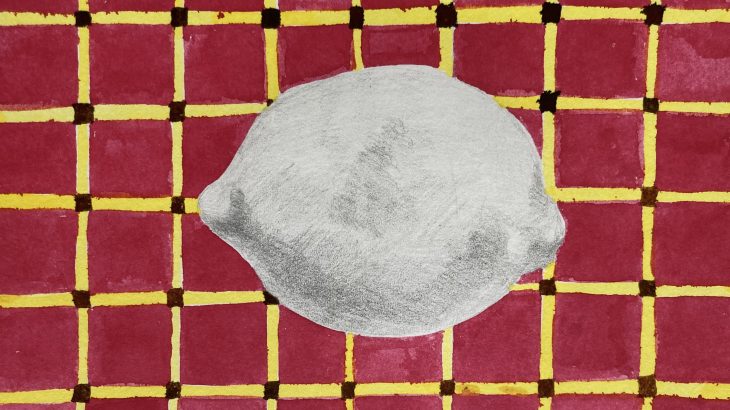 Still life drawing of a lemon in graphite and acrylic ink on magenta and yellow grid by Rashmi Gupta