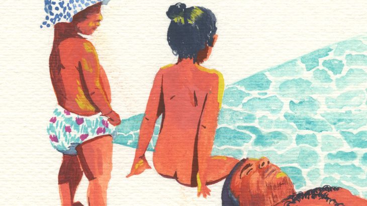 Gouache painting of children jumping into water, inspired by David Hockney, by Rashmi Gupta, Studio RAGU