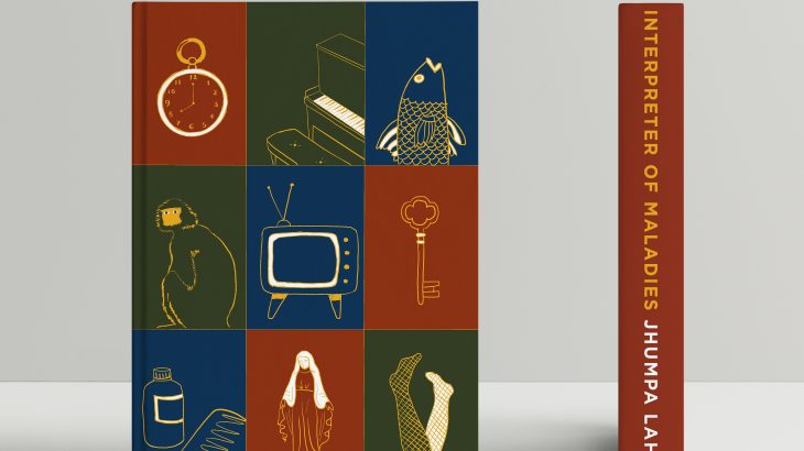 Rejected book cover proposal for Interpreter of Maladies by Jhumpa Lahiri, designed by Rashmi Gupta, Studio RAGU — nine panel grid with gold line illustrations